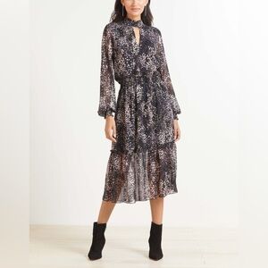 Evereve Roan + Ryan Georgette Midi Mock Neck Smocked Waist Double Keyhole Dress